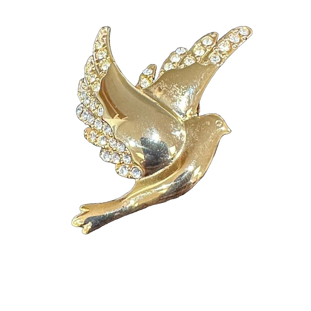 Vintage Monet Bird Brooch Pin Crystals Gold Tone Bird Dove